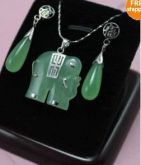 conjunto de brinco pingente de elefante pedra jade