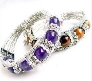 2 pc pulseiras olho de tigre jade roxo e caramelo